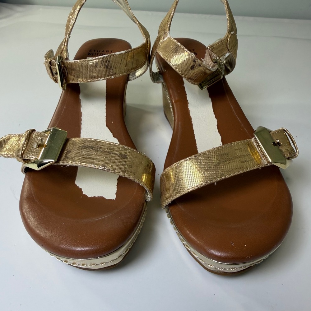 Stuart Weitzman Metallic Gold‎ Wedge Sandals Buckle Straps Size 4 US 36 Euro - Picture 7 of 10